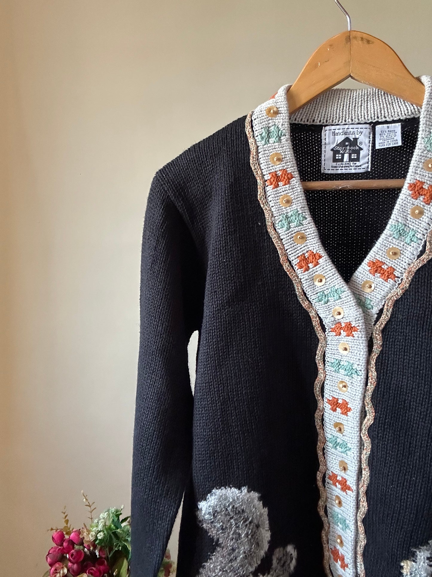 Vintage Handknits By Storybook Knits Squirrel Maple Embroidered and Beaded Cardigan