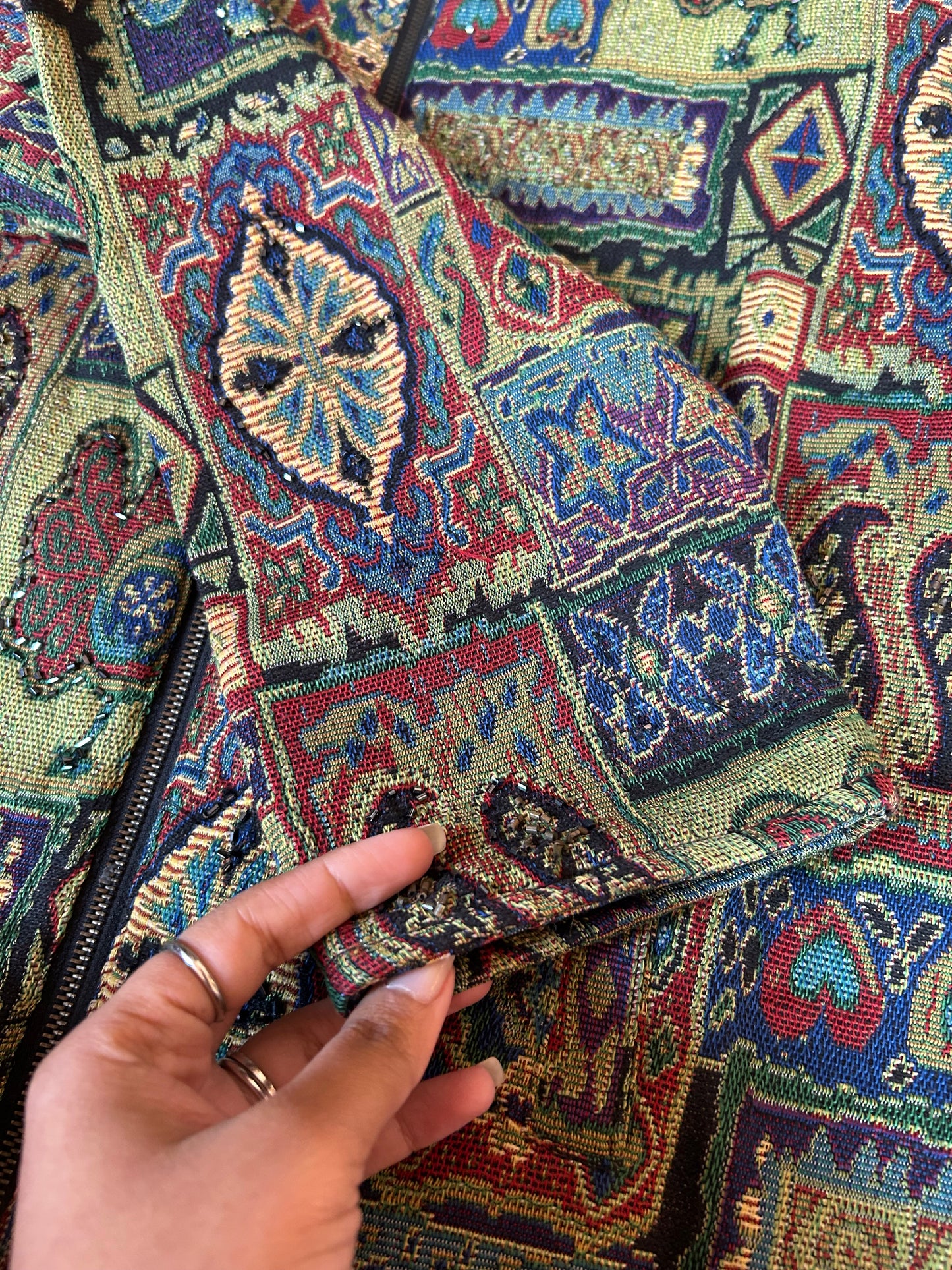 Vintage Parsley and Sage Weaved Jacquard Beaded Jacket