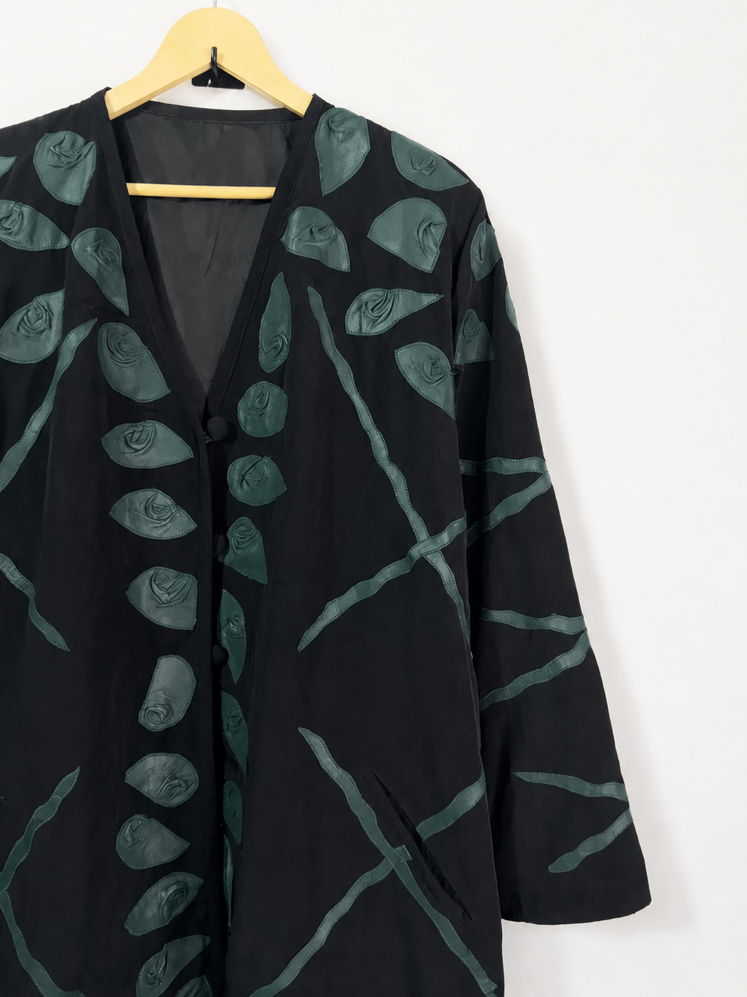 Vintage Black Handcrafted Leaf Appliqué Long Jacket