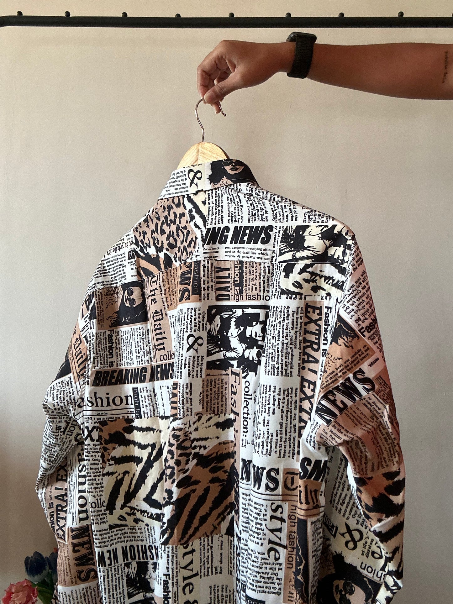 Madam Newspaper Retro Print Satin Shirt