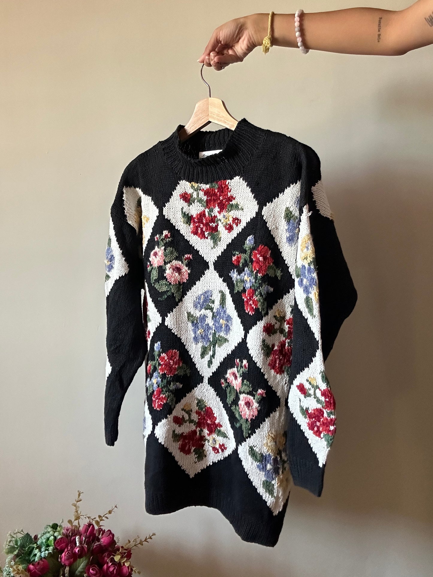 Marisa Christina Vintage Hand Knit Floral Pullover