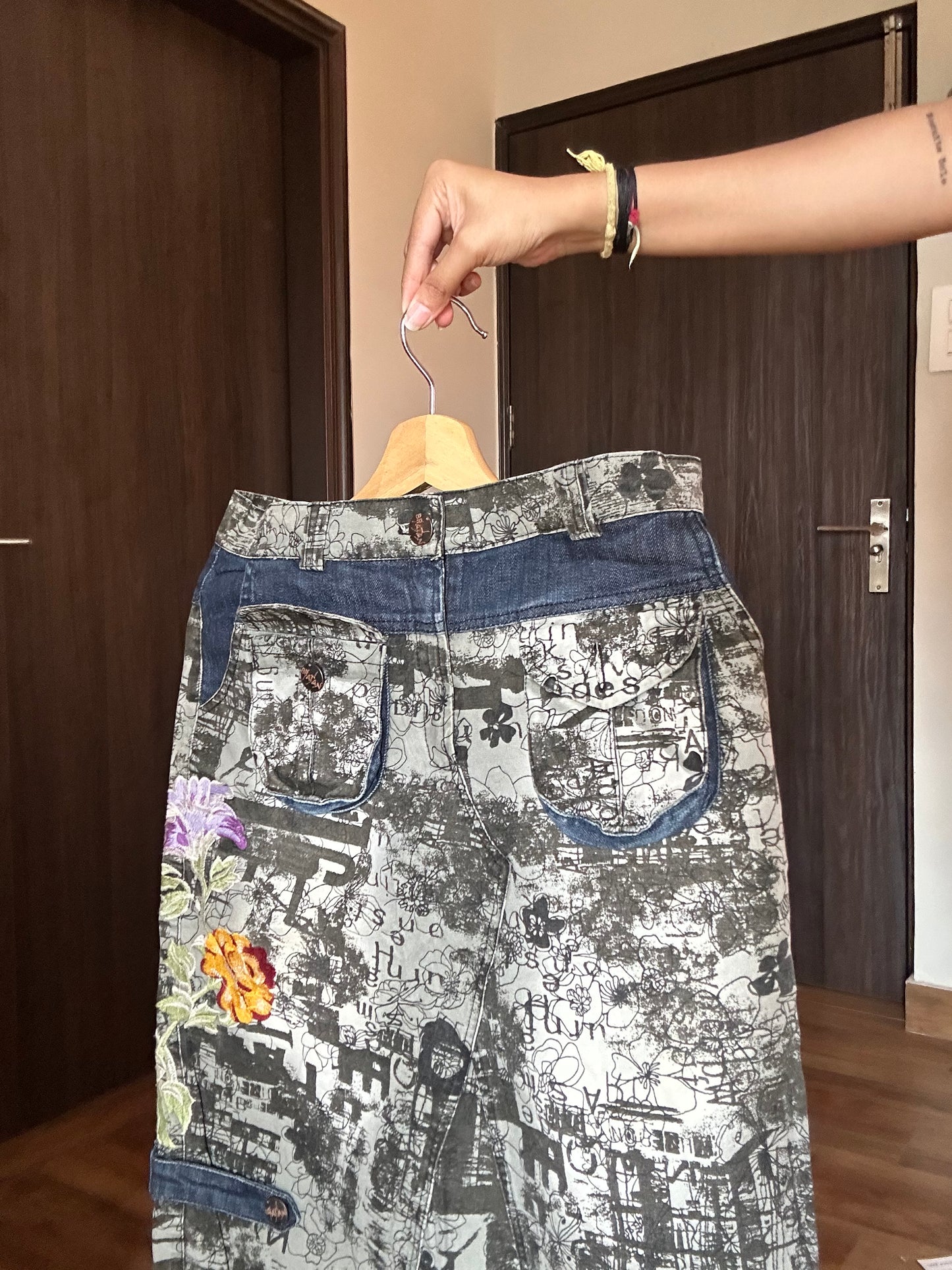 Vintage BN Print Denim Skirt With Six Pockets