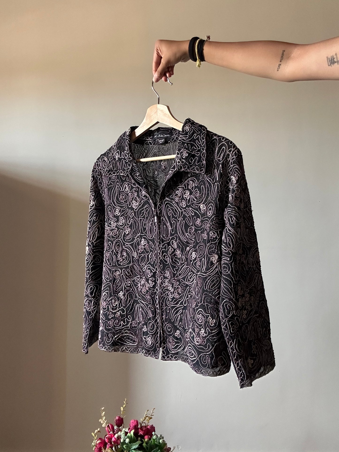 Kar-ma Vintage Semi Sheer All Embroidered Shirt With Zipper