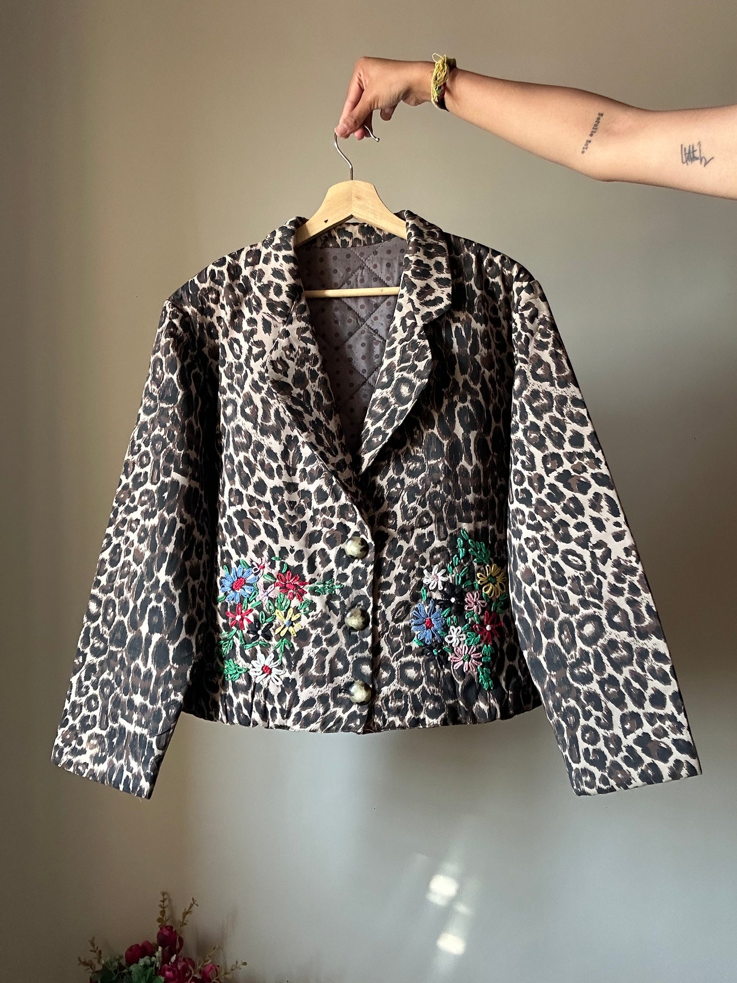 Vintage Cheetah Print And Embroidered Lightly Quilted Shaket