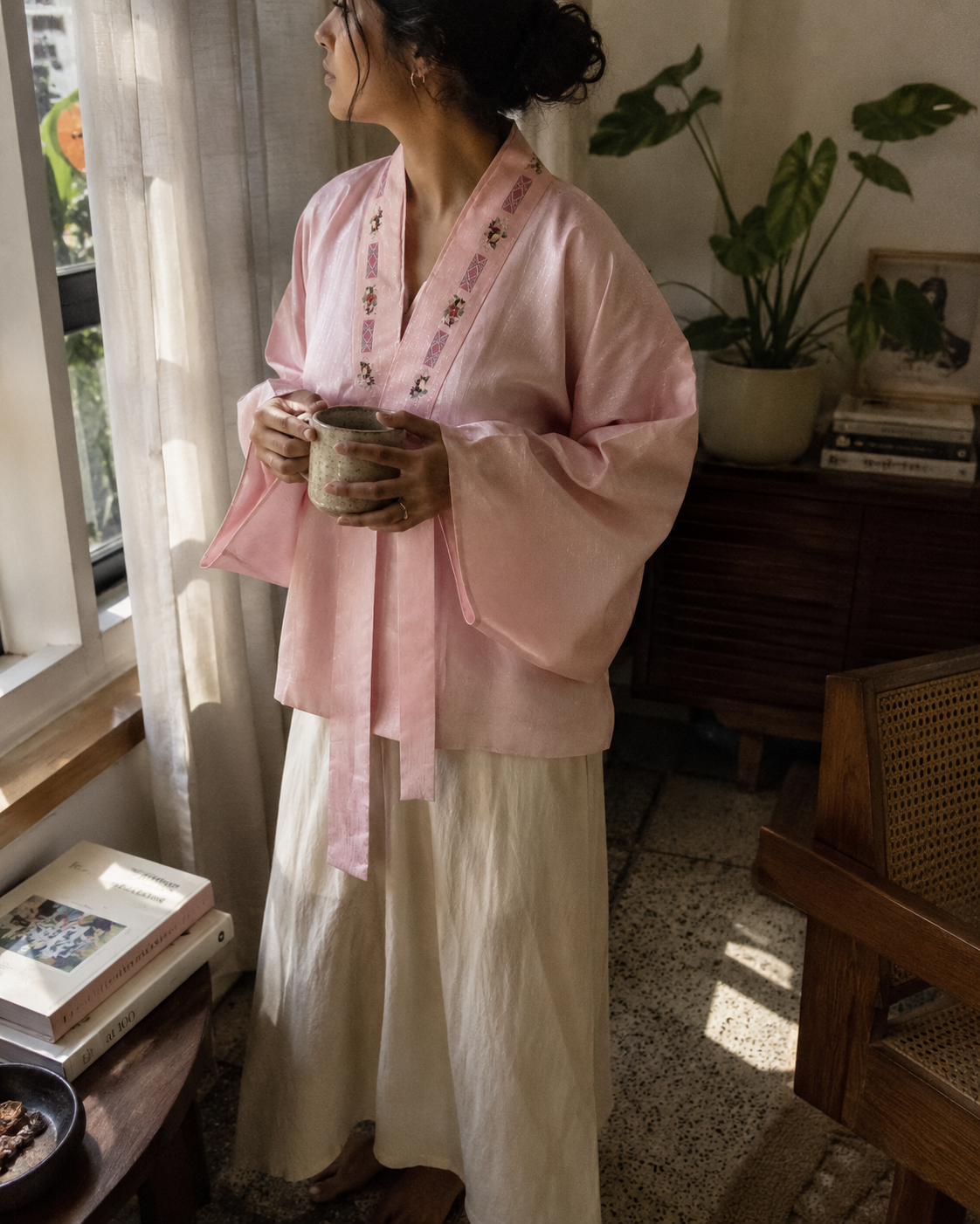 Vintage Traditional Korean Hanbok Jeogori Jacket, Light Pink Embroidered Top