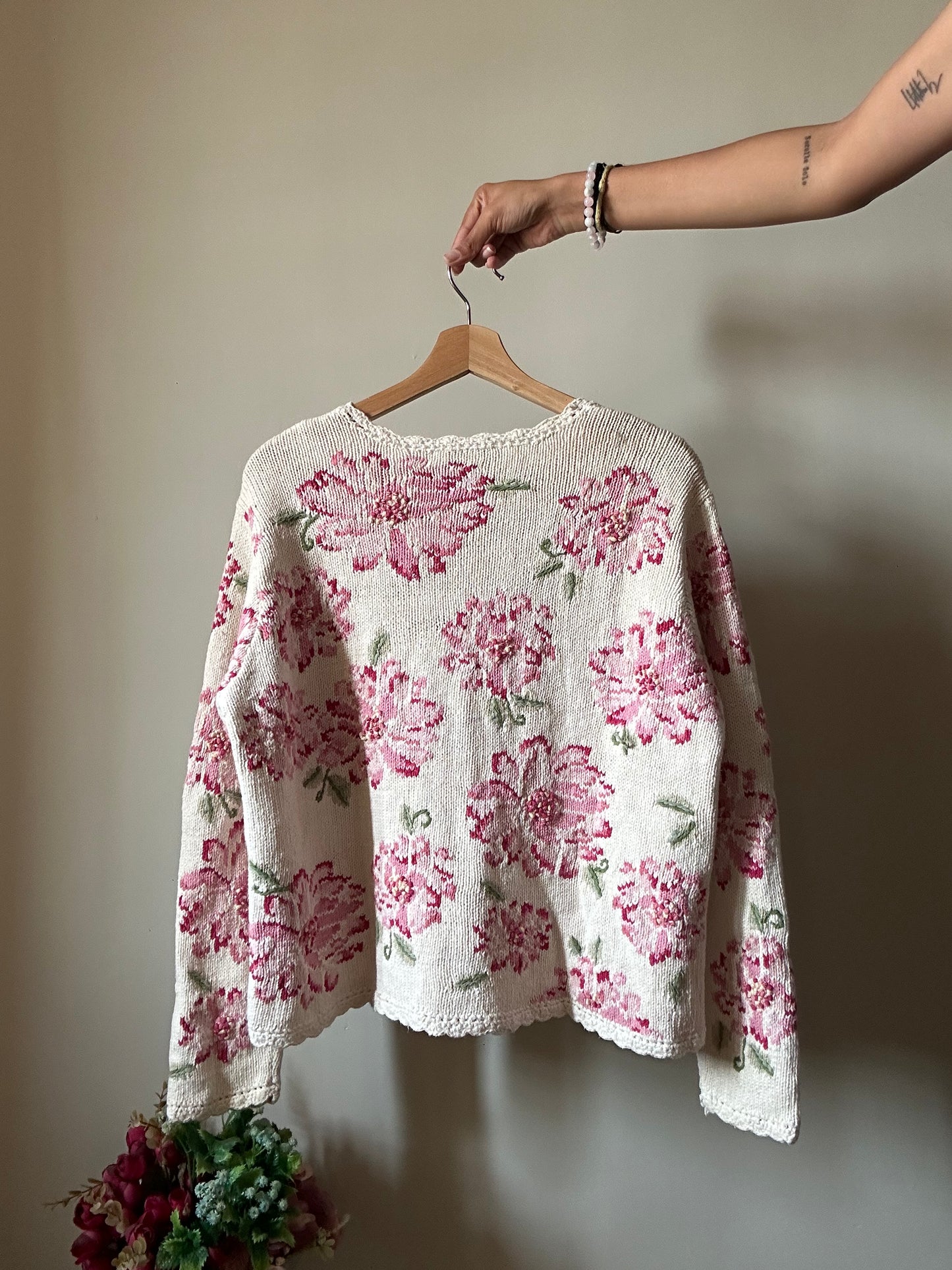 Vintage Talbots Hand Knit Floral Cardigan