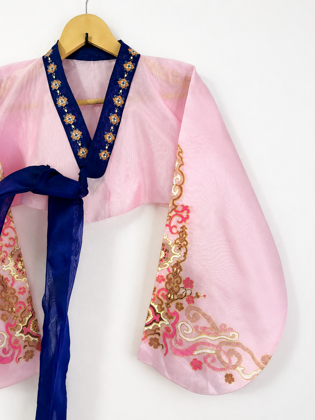 Blush Pink Korean-Inspired Embroidered Silk Wrap Top