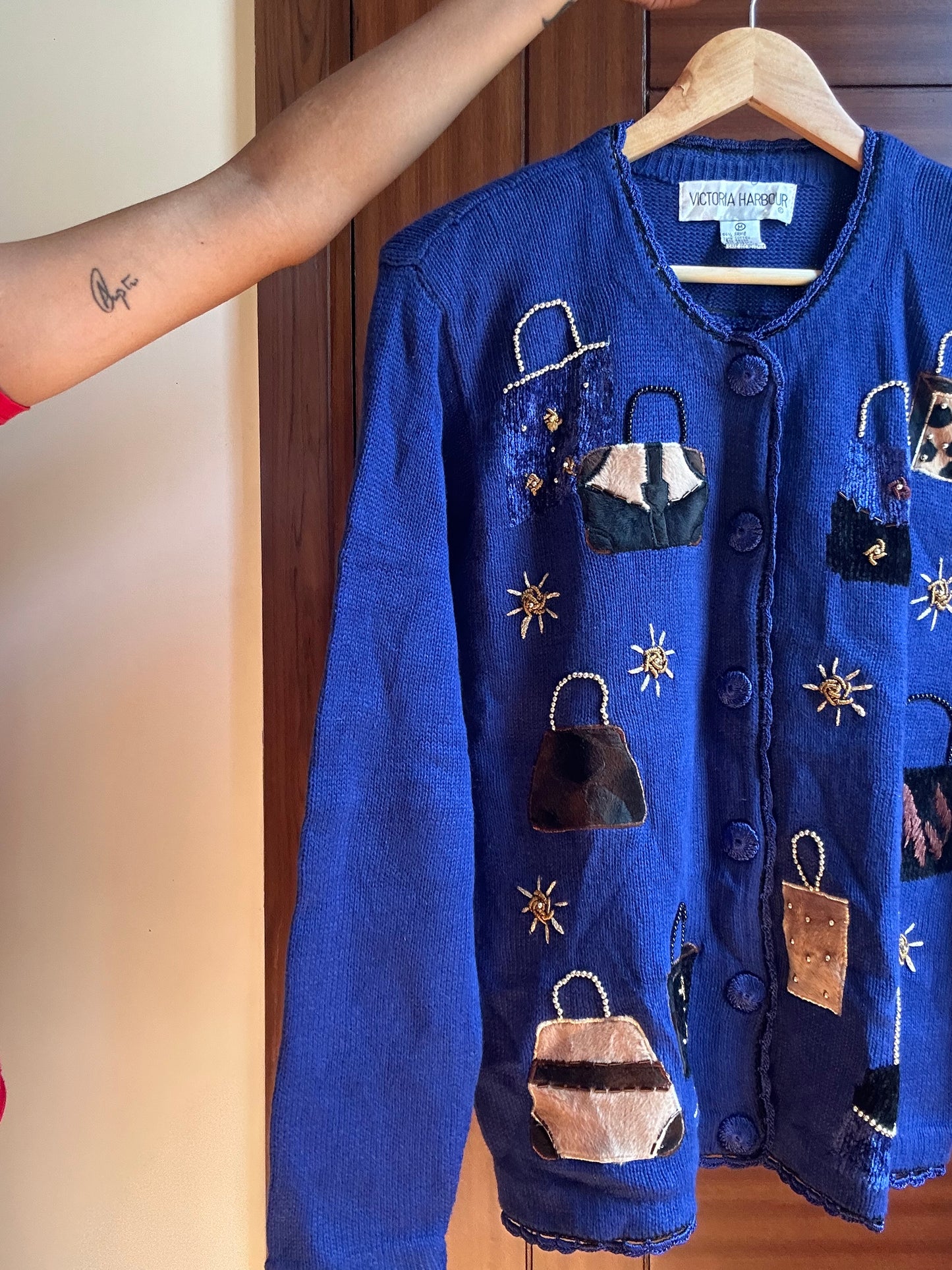 Victoria Harbour Vintage Knit Cardigan with Patchwork and Beads