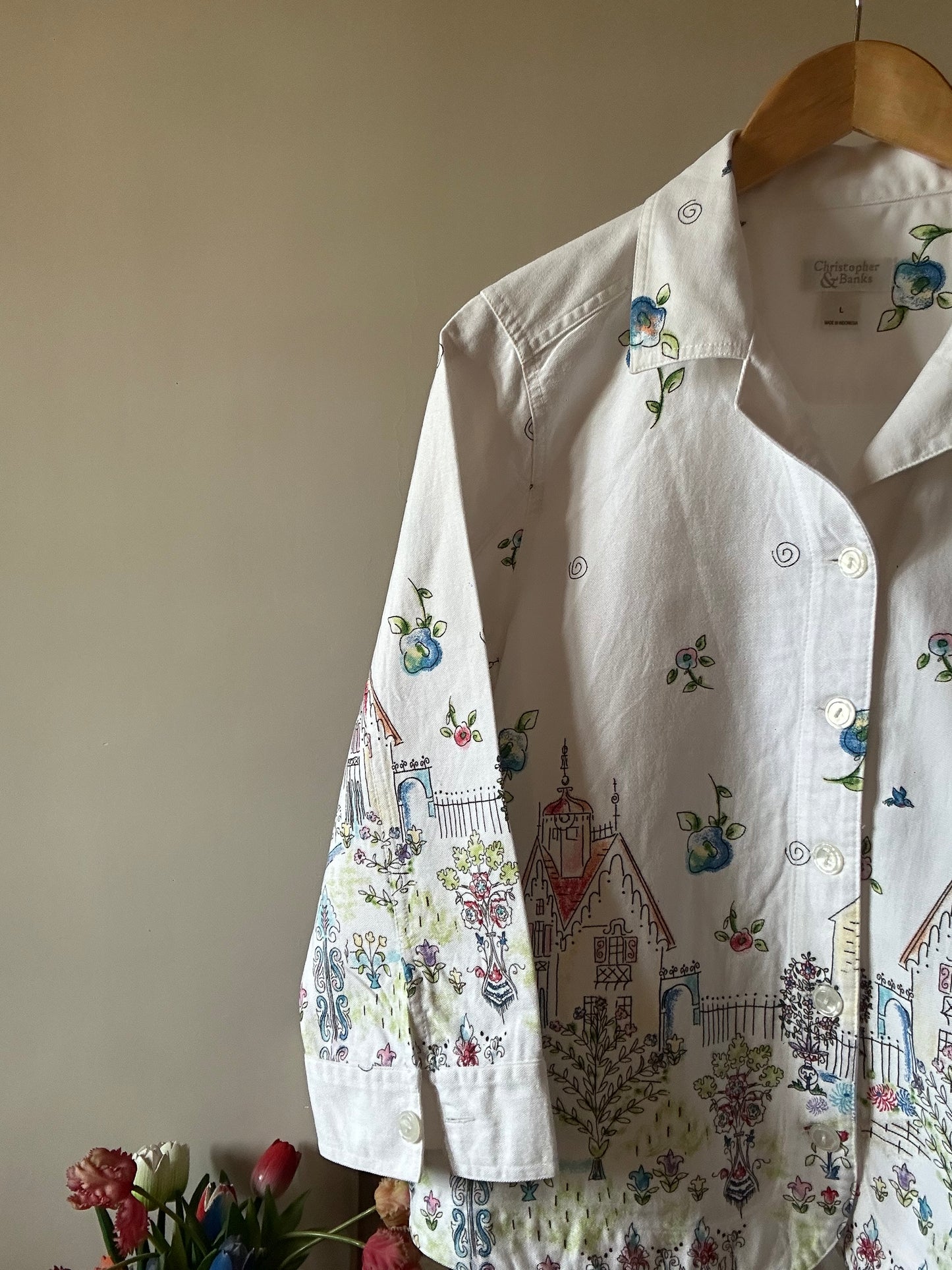 Christopher & Banks Vintage Hand Sketch City Print Denim Shirt