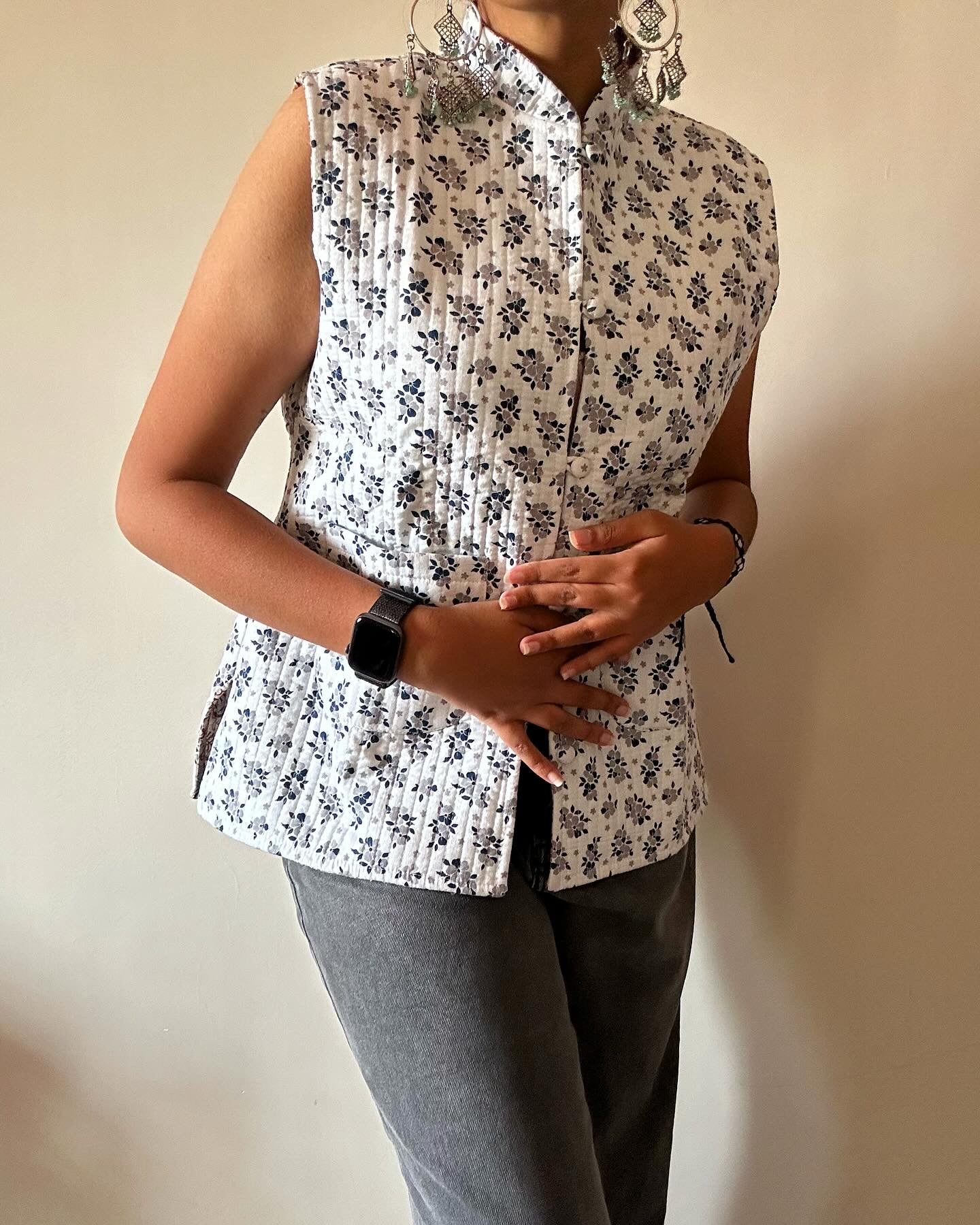 Cotton Quilted Reversible Vest In Abstract Floral and Ethnic Print