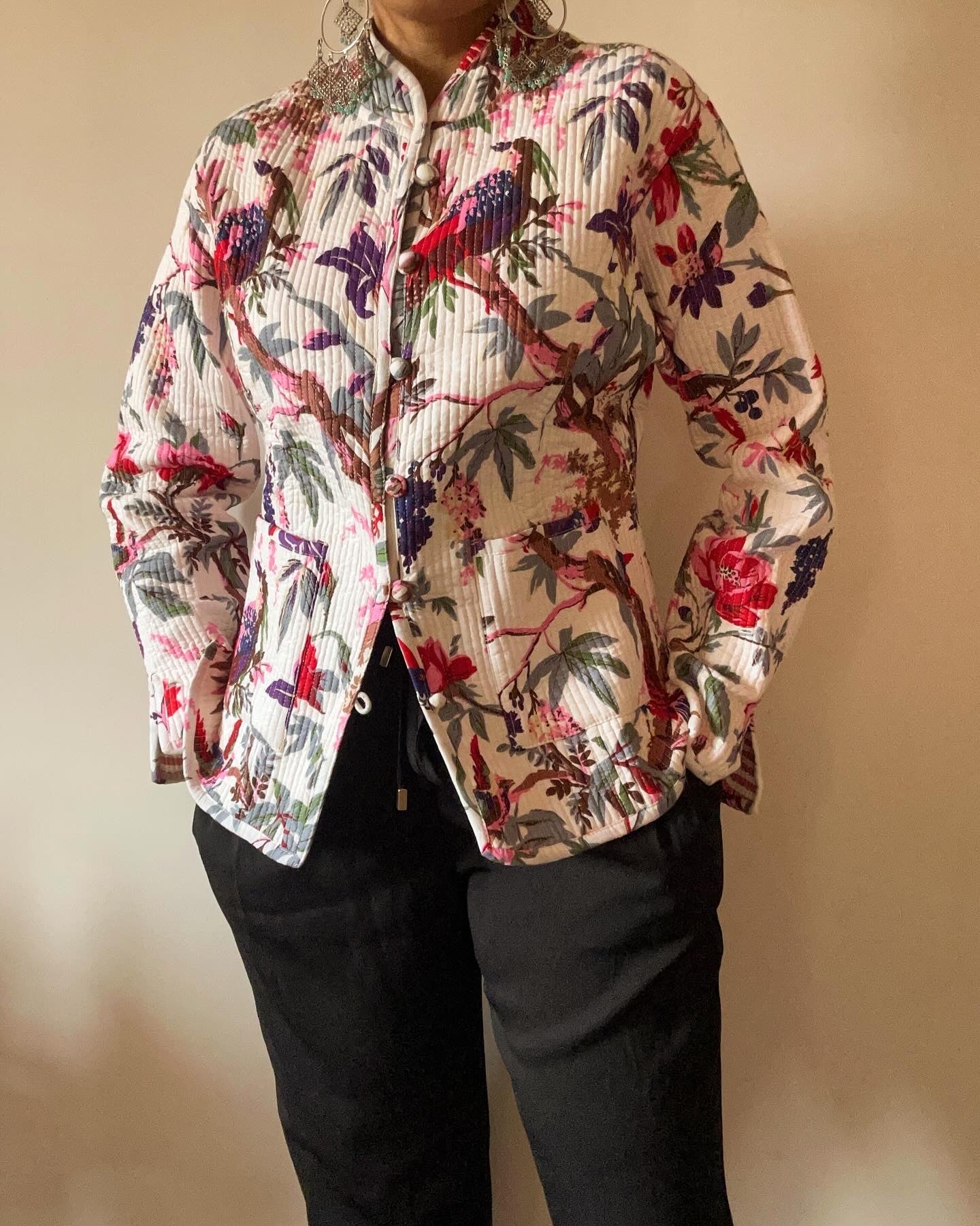 Pink Jungle Inspired Cotton Reversible Quilt Jacket