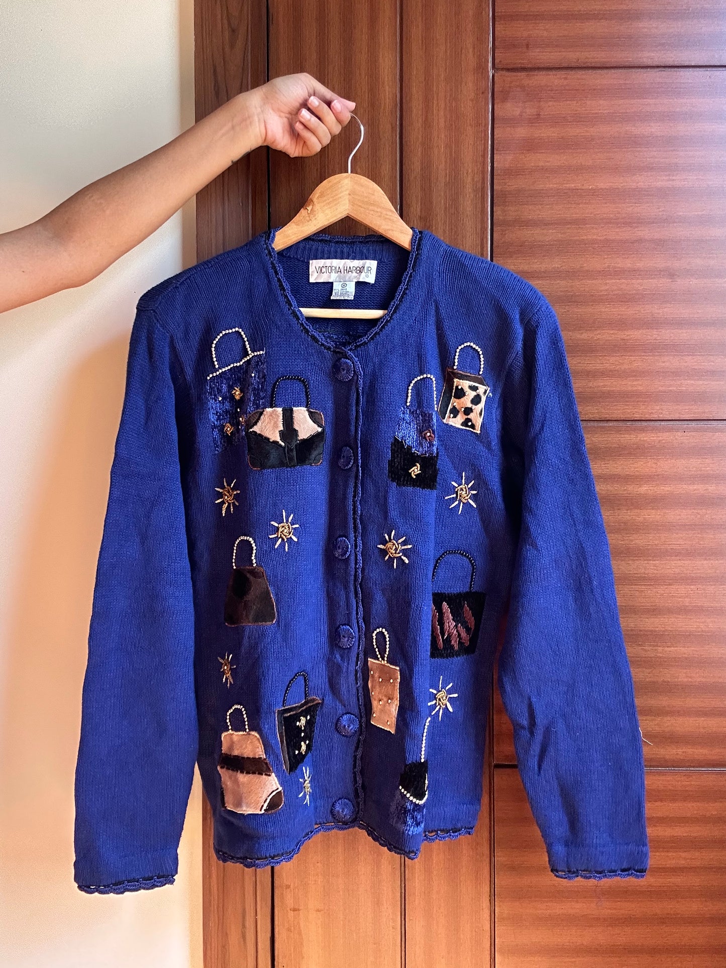 Victoria Harbour Vintage Knit Cardigan with Patchwork and Beads