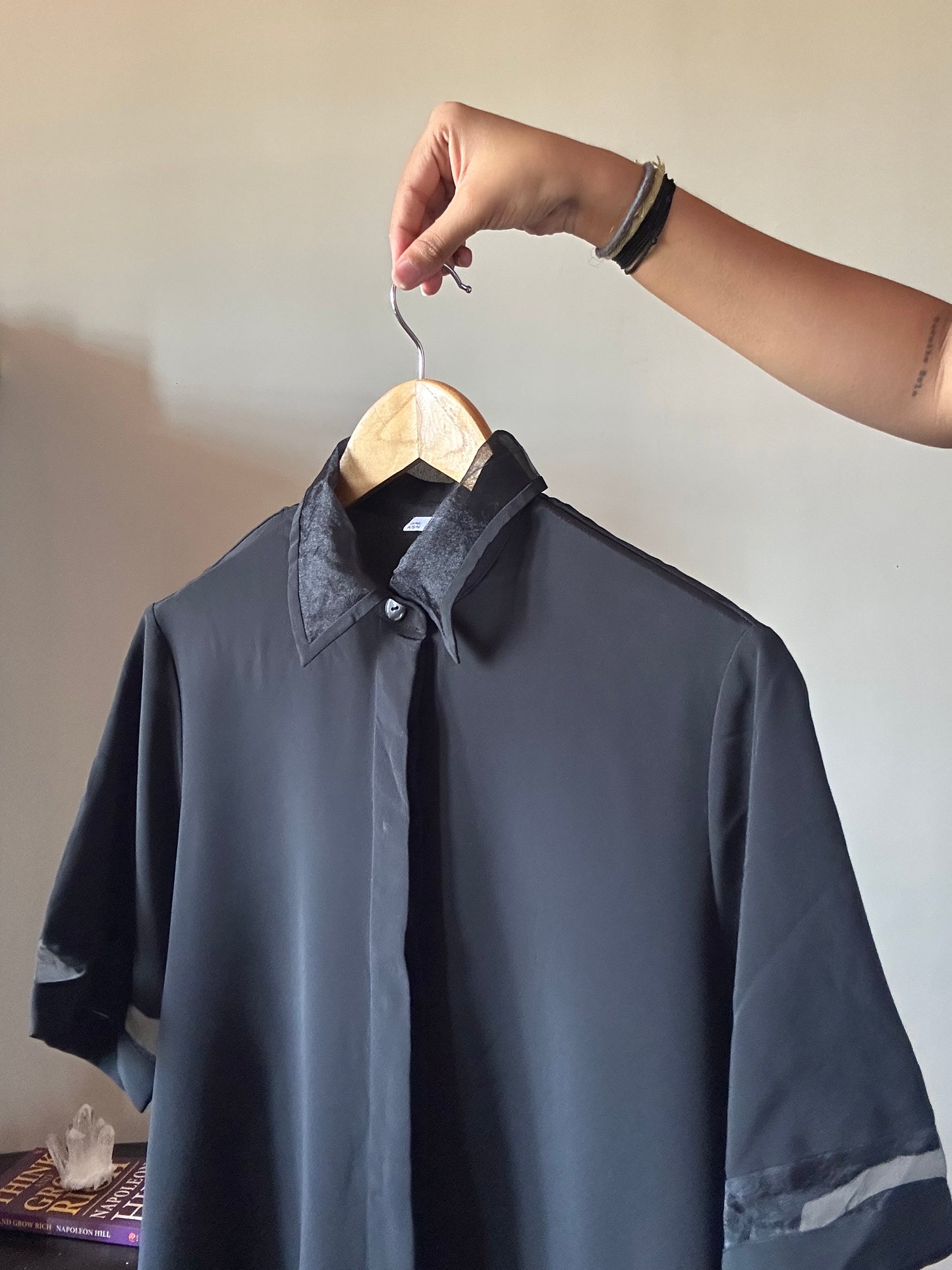 Vintage Black Shirt With Organza Sleeve and Collar Details