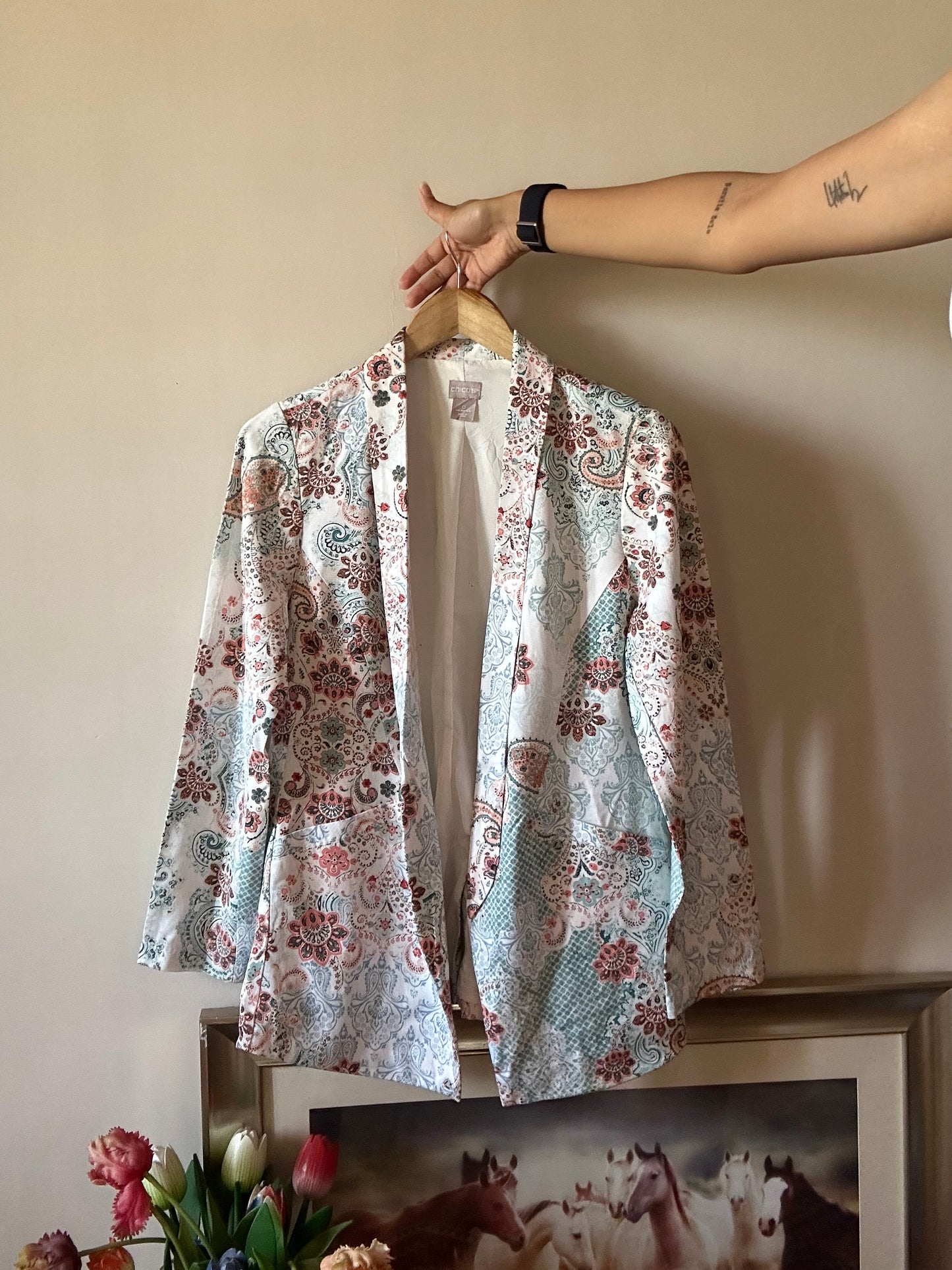 Vintage Chico’s Printed Open Front Shaket