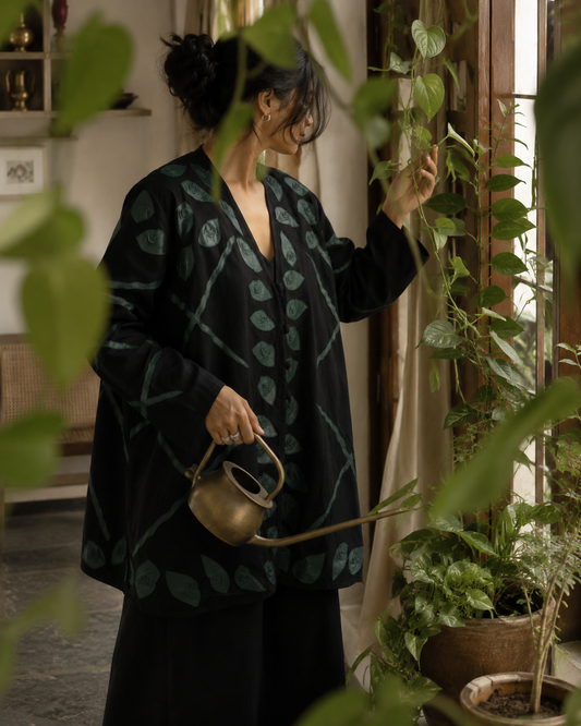 Vintage Black Handcrafted Leaf Appliqué Long Jacket