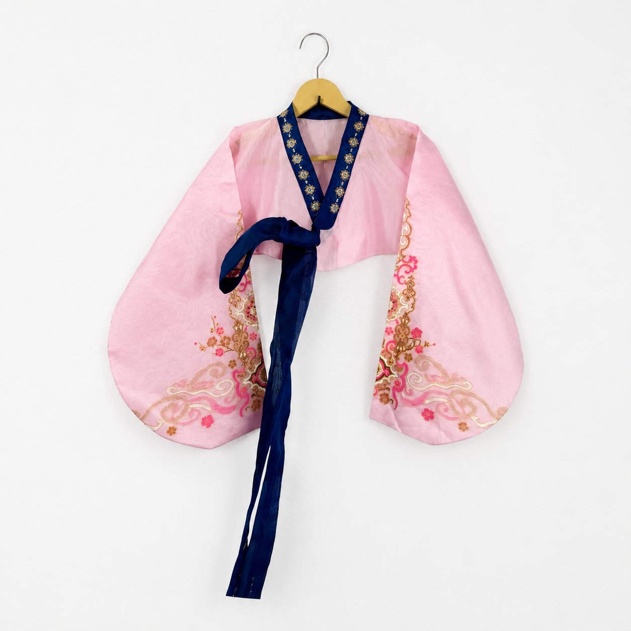 Blush Pink Korean-Inspired Embroidered Silk Wrap Top