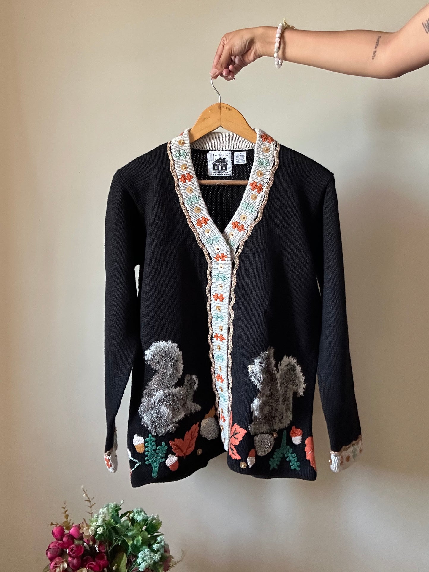 Vintage Handknits By Storybook Knits Squirrel Maple Embroidered and Beaded Cardigan