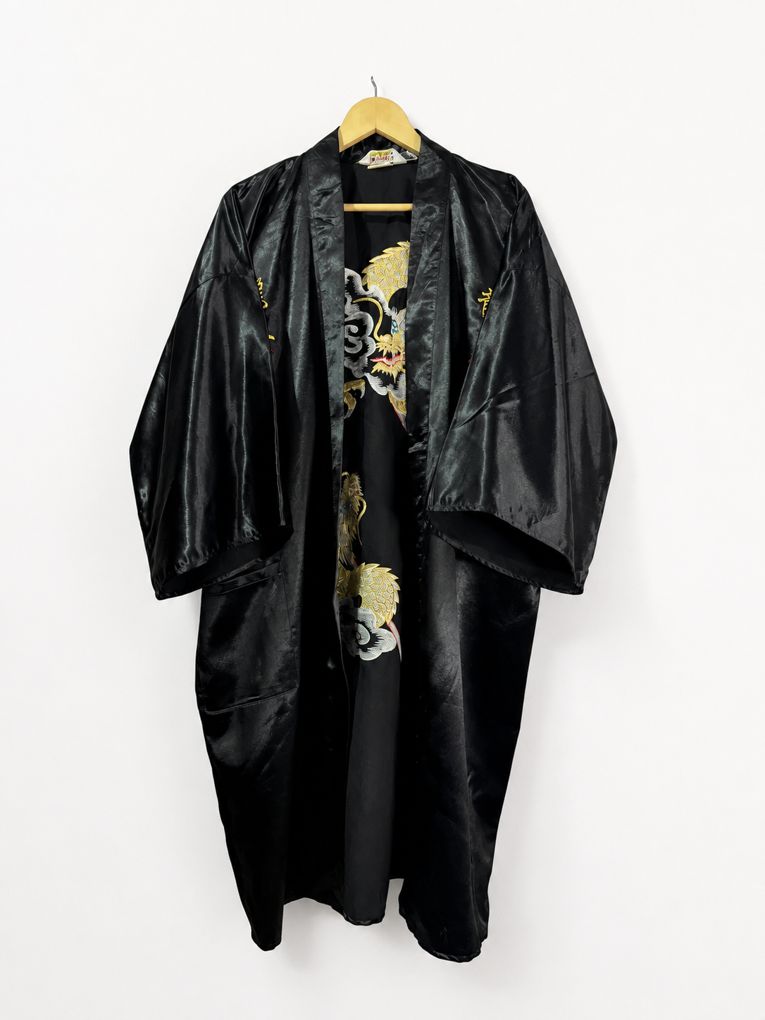 Vintage Black Dragon Embroidered Silk Kimono