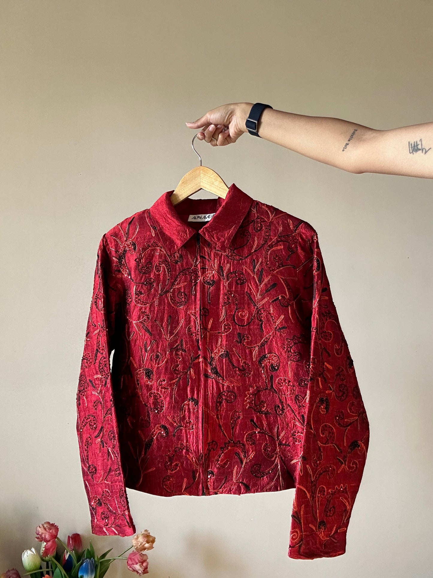 Anage Vintage Silk All Over Thread And Bead Embroidery Shaket With Front Zipper Opening