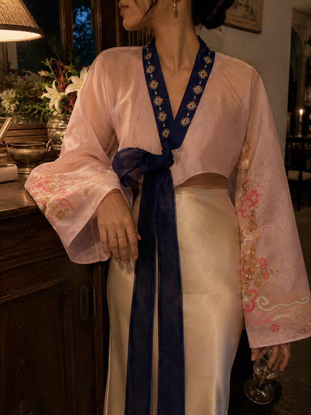 Blush Pink Korean-Inspired Embroidered Silk Wrap Top