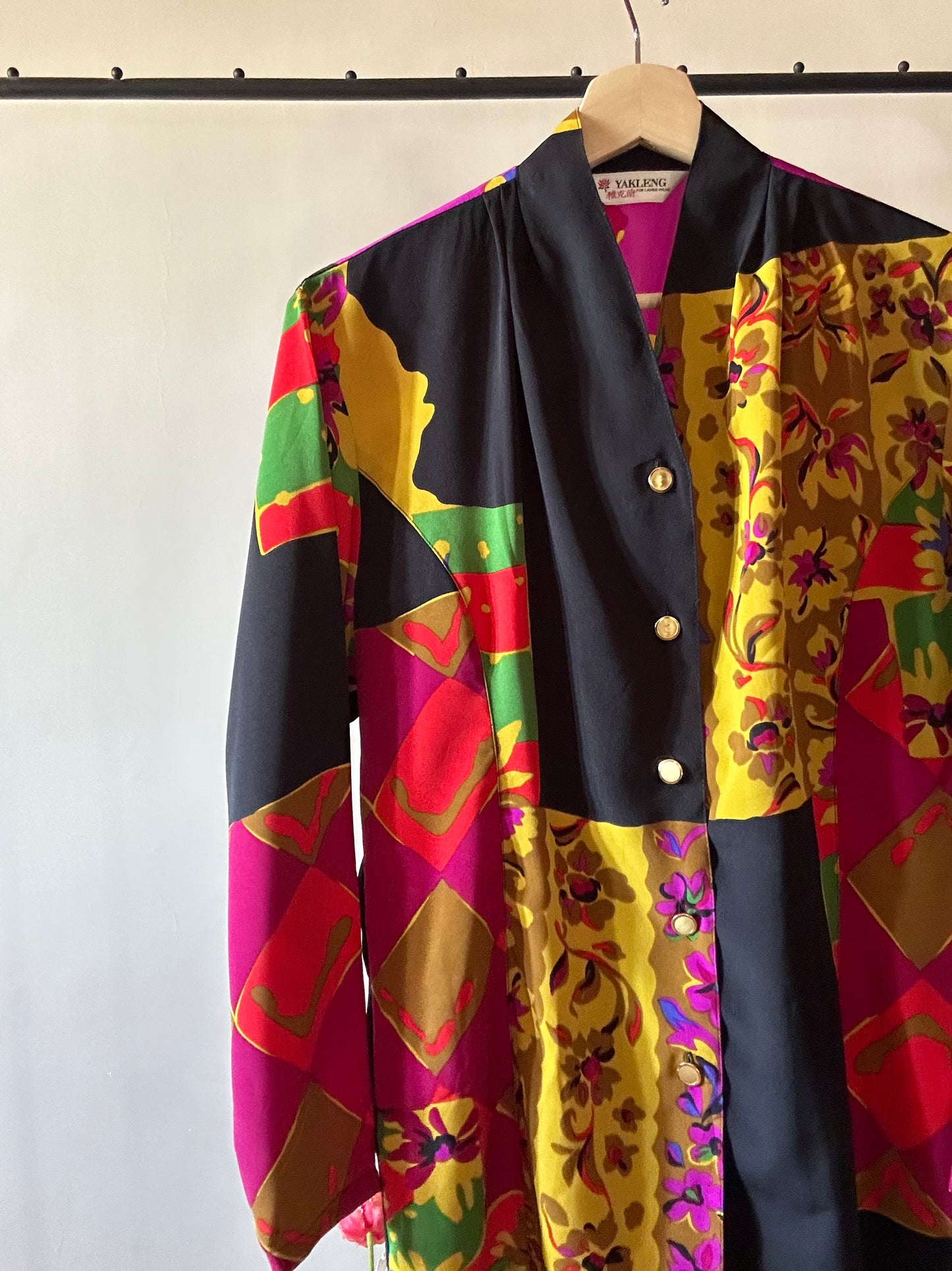 Vintage Yakleng Abstract Print Shirt With Antique Metal Buttons