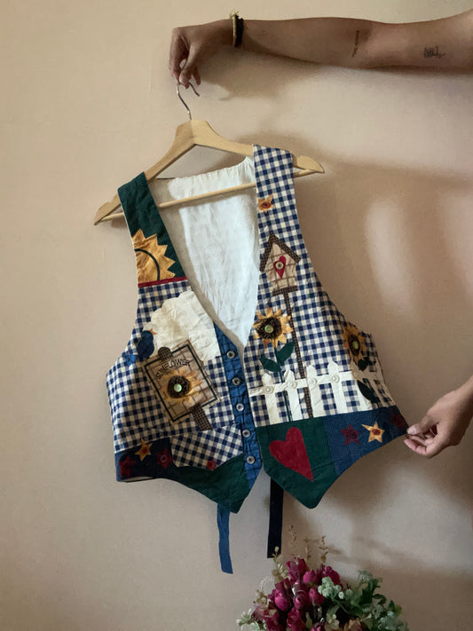 Cute Vintage Cotton Fabric Flower and Button Detail Vest