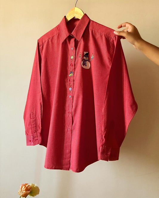 Checked Snowman Embroidered Vintage Shirt