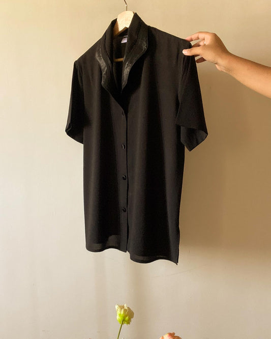 Black Satin Neckline and Button Detail Vintage Shirt