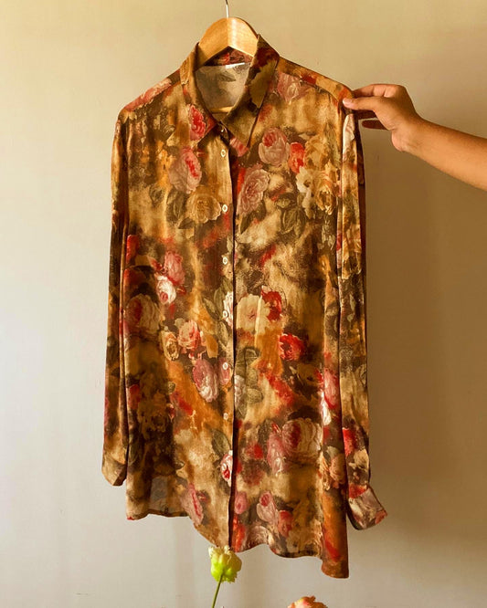 English Rose Print Semi Sheer Vintage Shirt