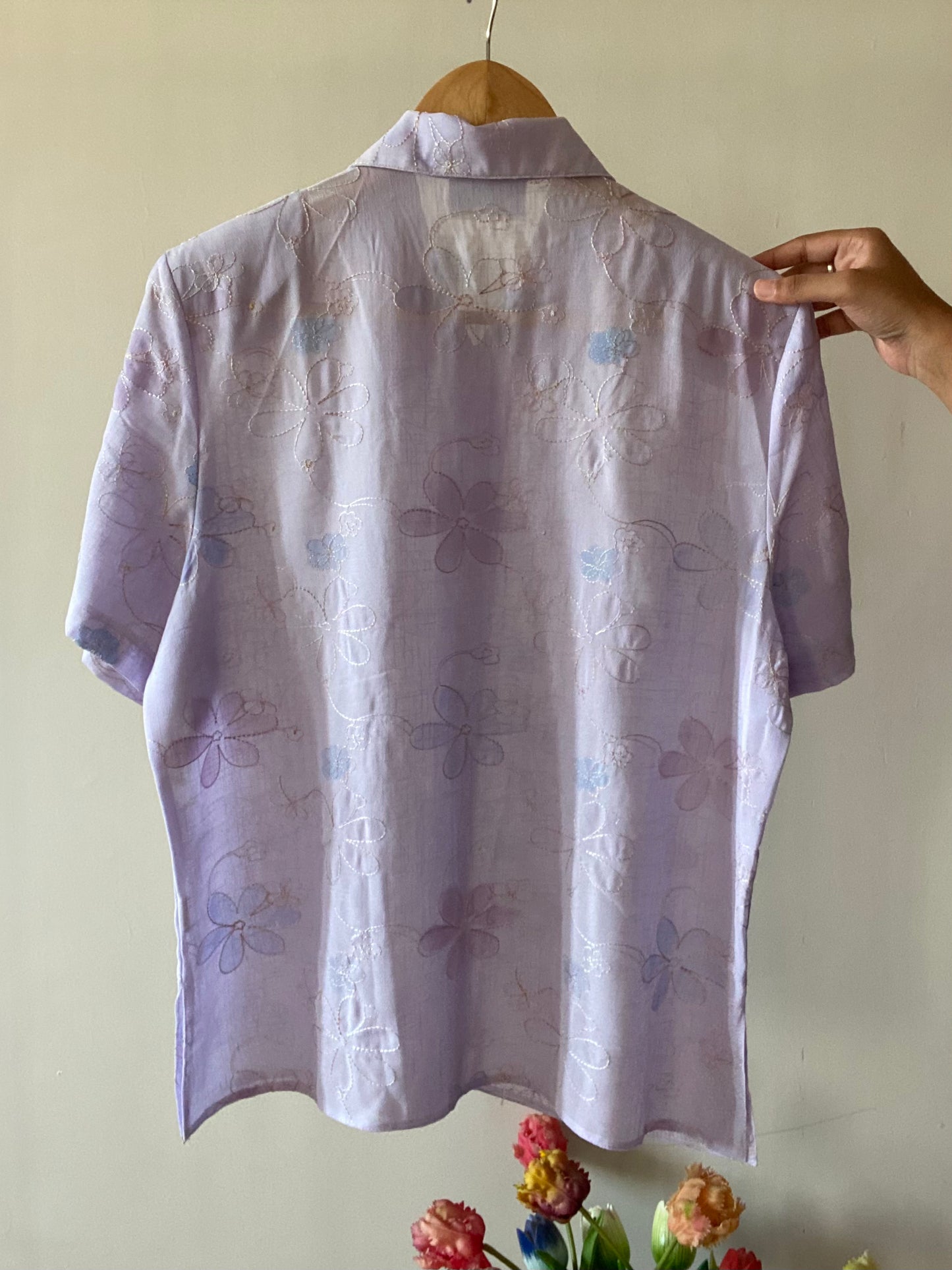 Lavender Floral Print And Embroidered Vintage Shirr
