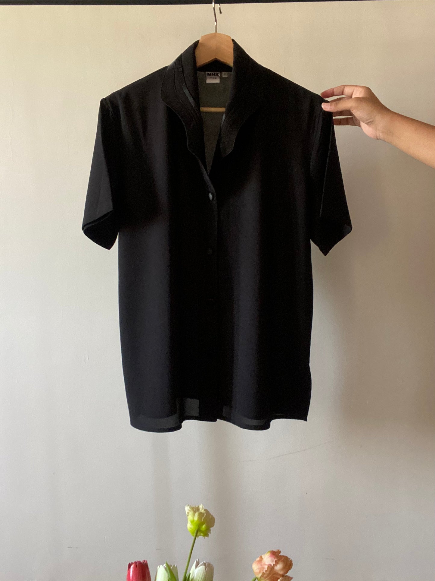 Black Satin Neckline and Button Detail Vintage Shirt