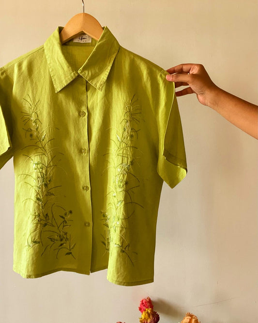 Leaf Embroidered Linen Vintage Shirt