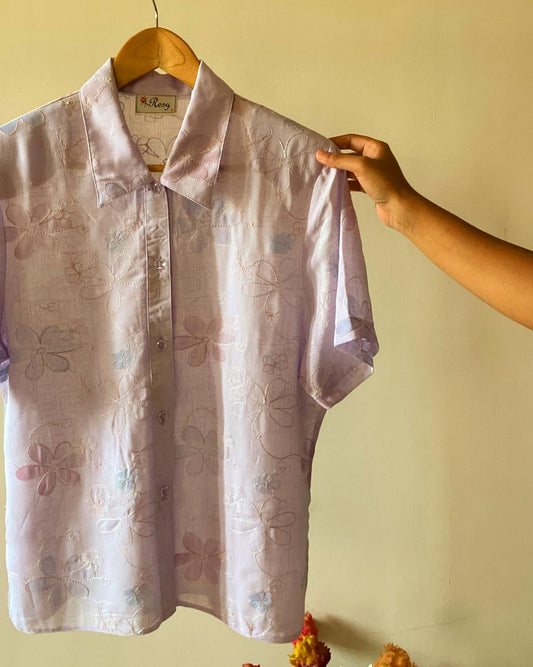 Lavender Floral Print And Embroidered Vintage Shirr