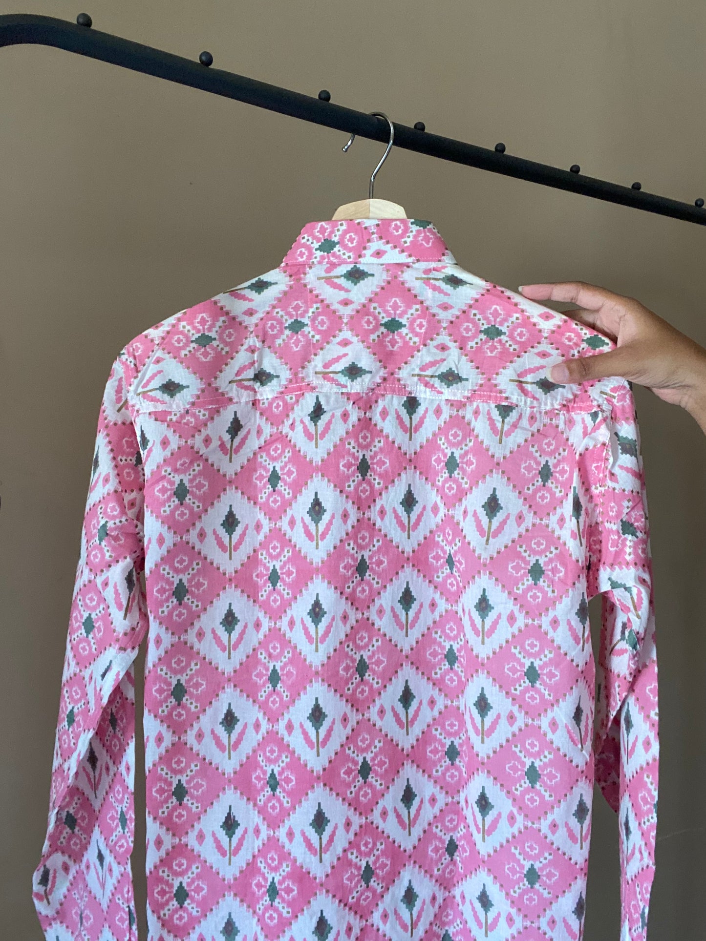 Pink Abstract Heritage Floral Print With Golden Accents Shirt