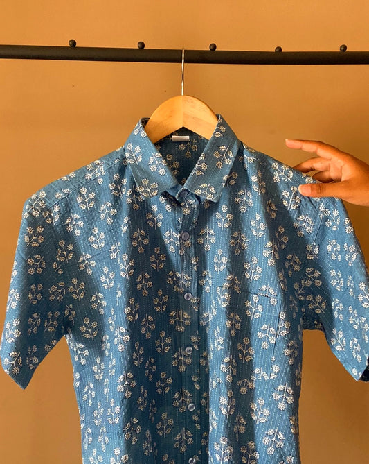 Blue Floral Shirt With Stitch Details