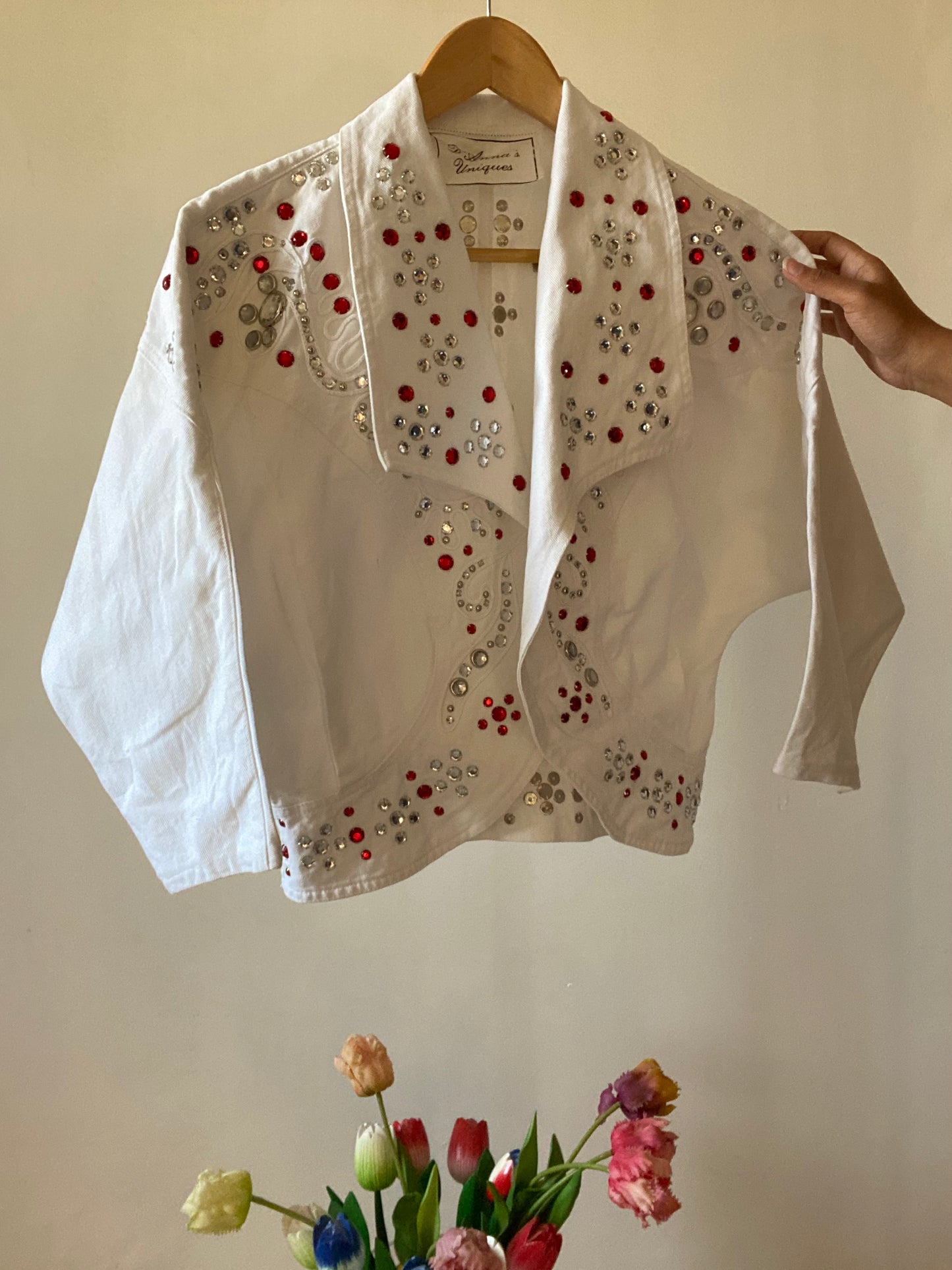 White Denim Studded Vintage Cropped Jacket