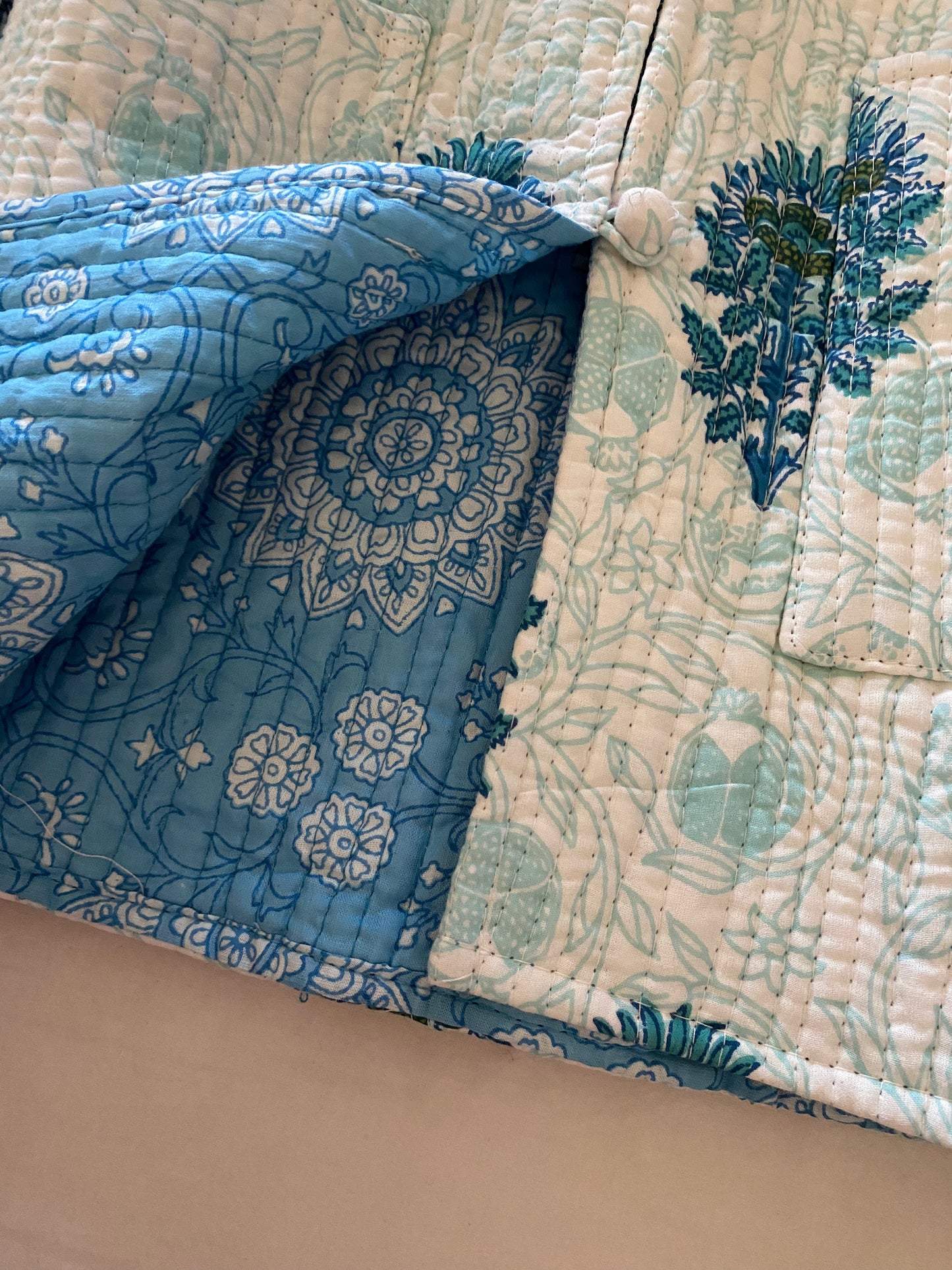 Blue Floral Motif Block Print Quilted Jacket