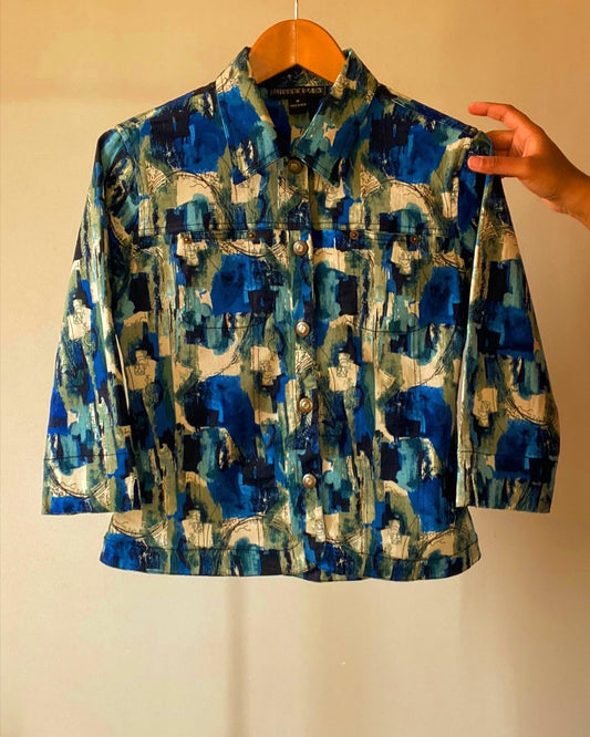 Vintage Abstract Print Cropped Denim Shaket
