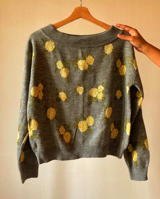 Yellow Floral Vintage Boat Neck Pullover
