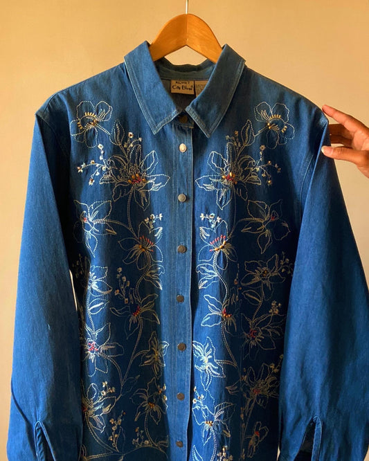 Floral Embroidered Vintage Denim Shirt