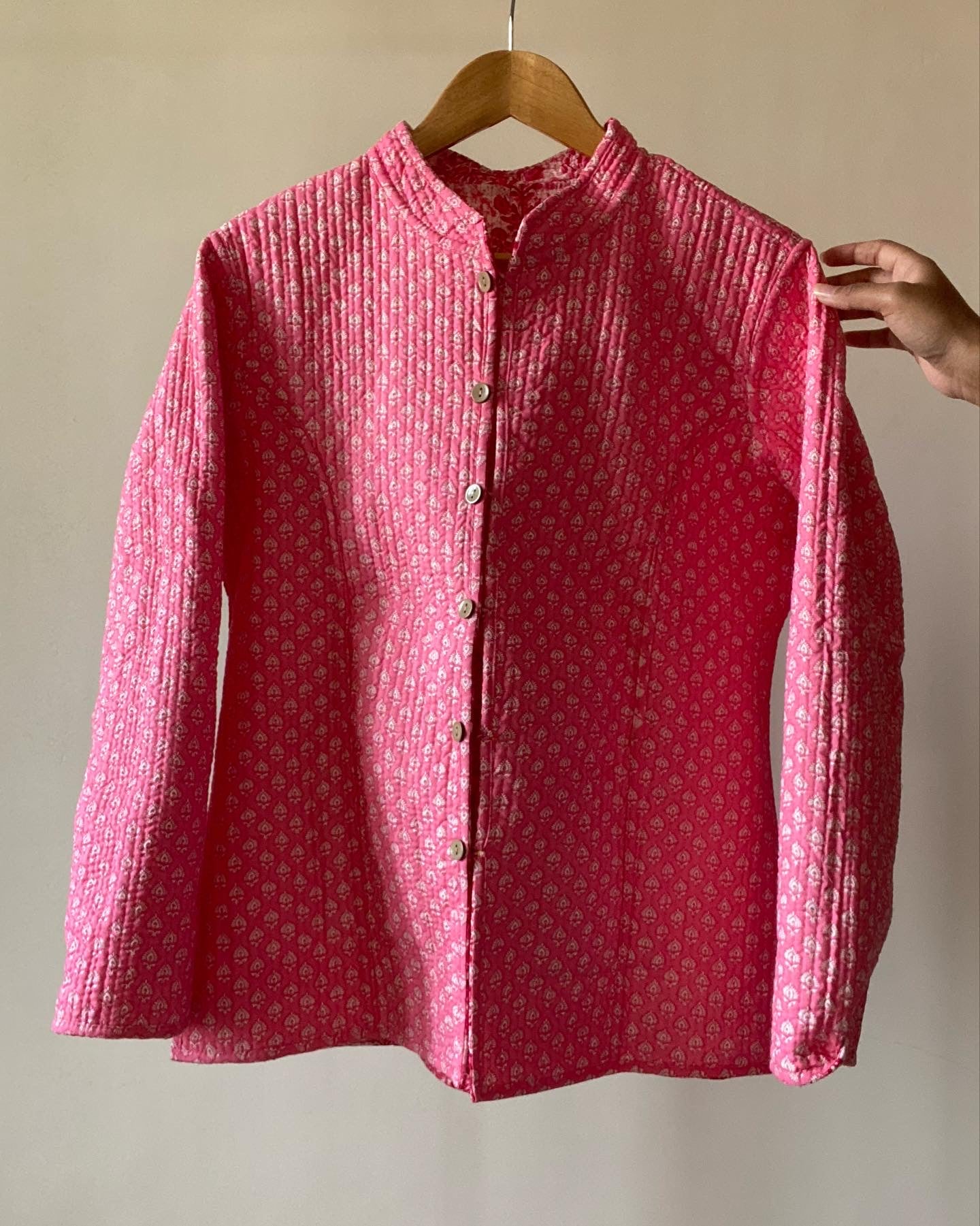 Pink All Over Floral Motif Block Print Cotton Quilted Jacket