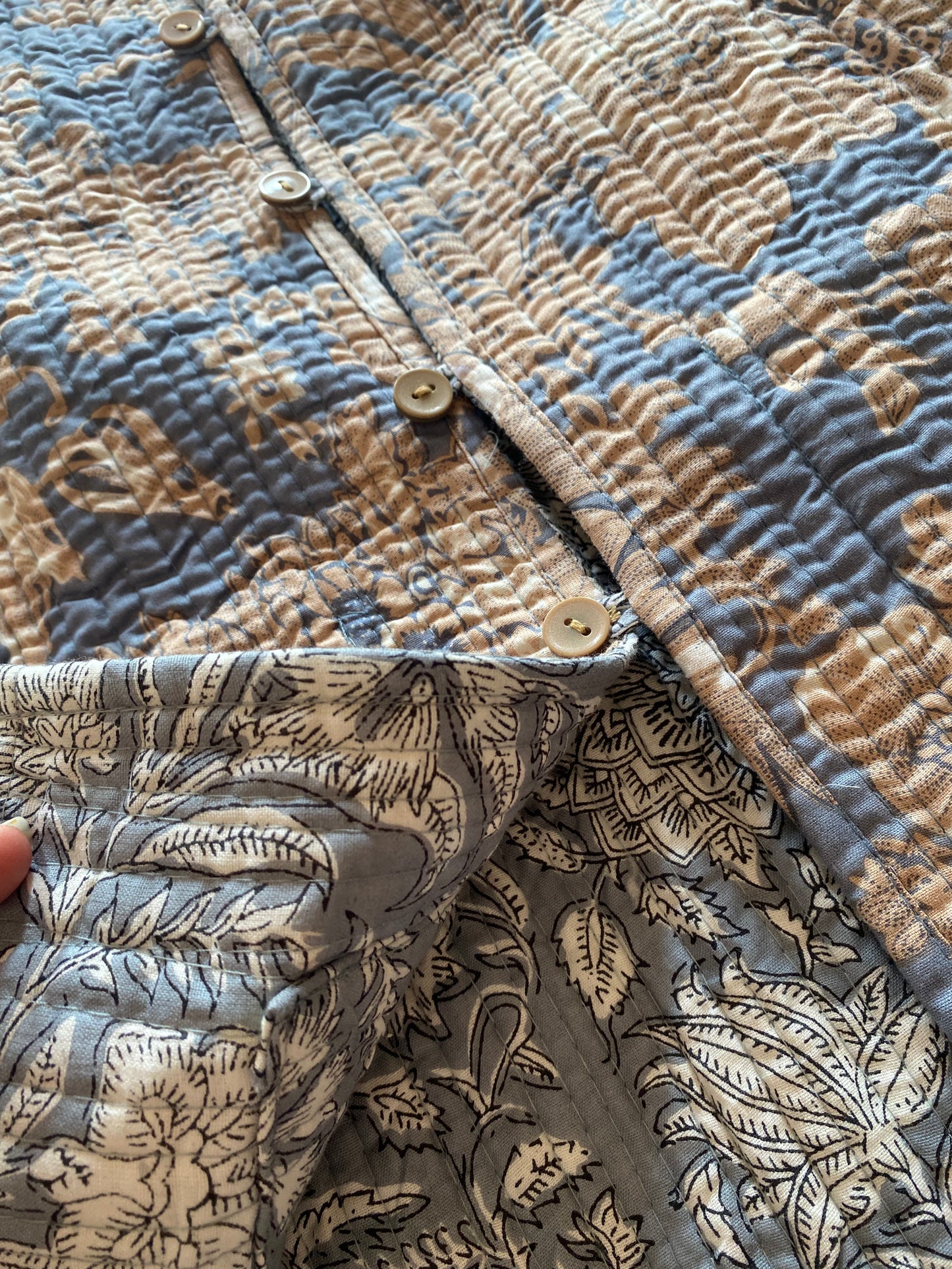 Grey Ethnic Motif Block Print Quilted Half Jacket