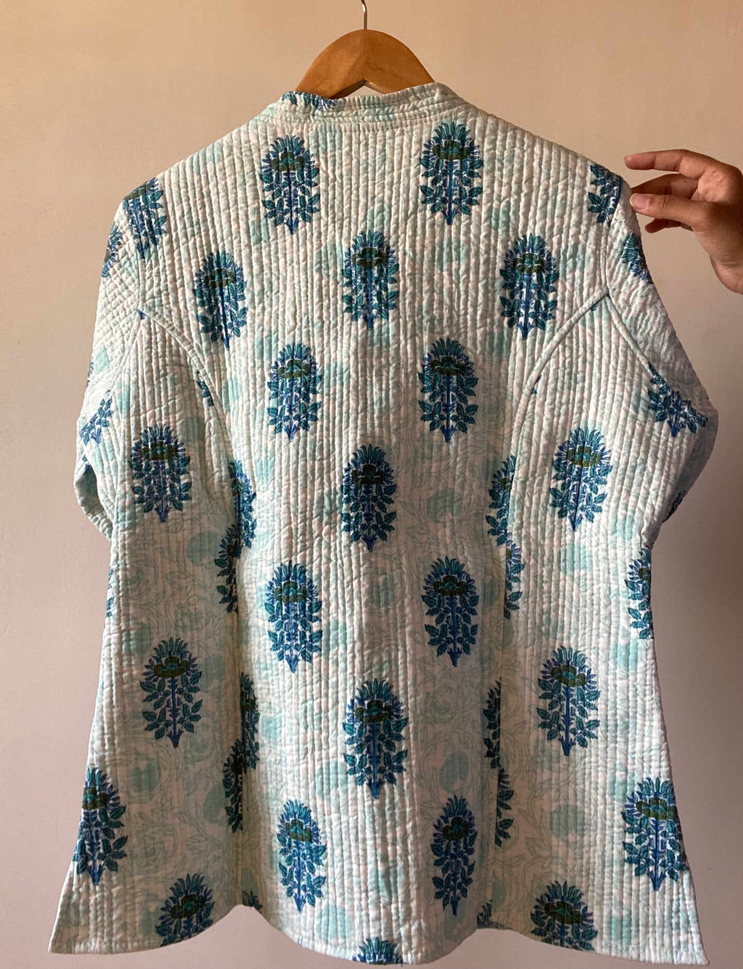 Blue Floral Motif Block Print Quilted Jacket