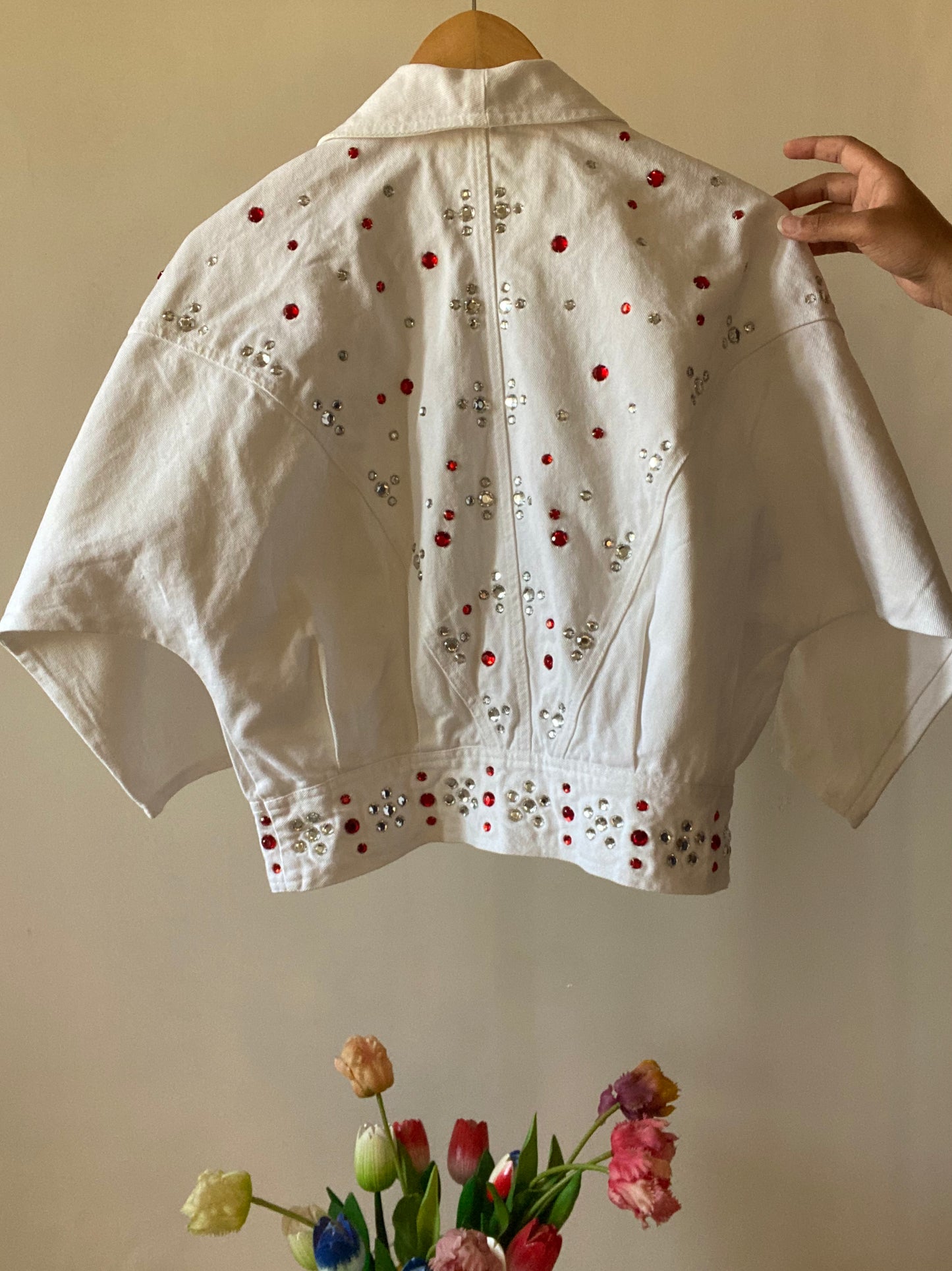White Denim Studded Vintage Cropped Jacket