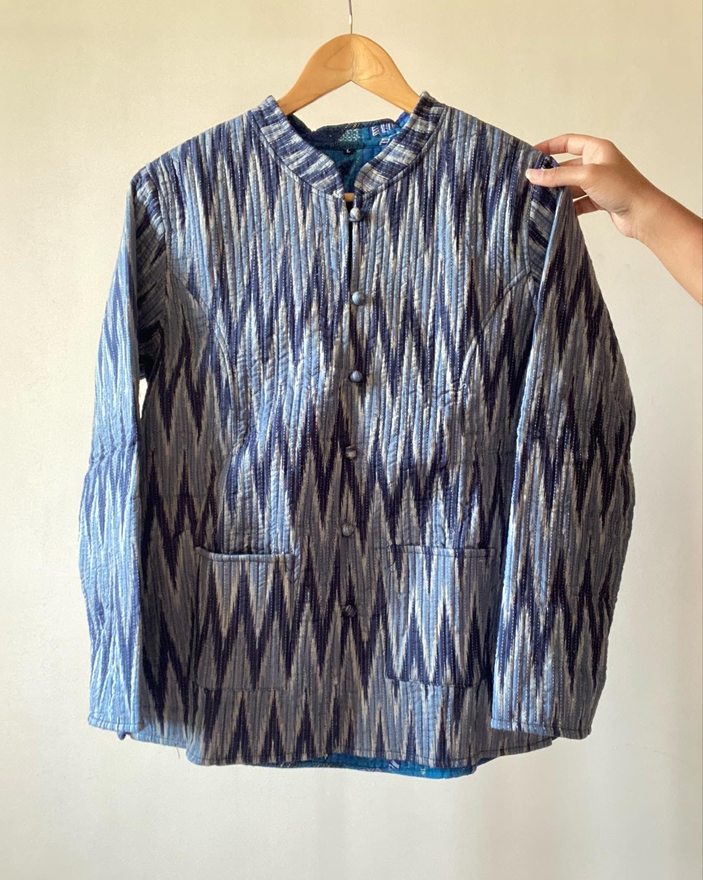 Blue Zik Zak Blockprint Reversible Cotton Quilted Jacket