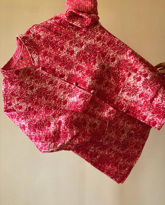 Pink All Over Floral Motif Block Print Cotton Quilted Jacket