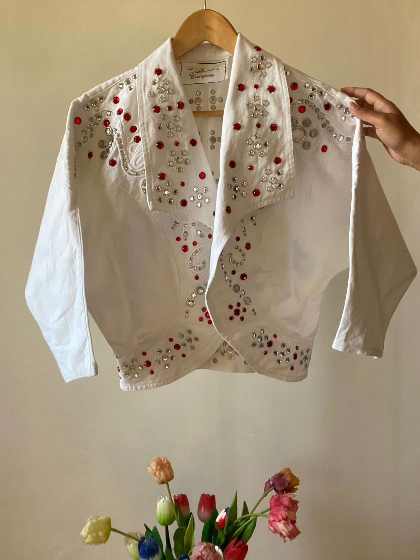 White Denim Studded Vintage Cropped Jacket