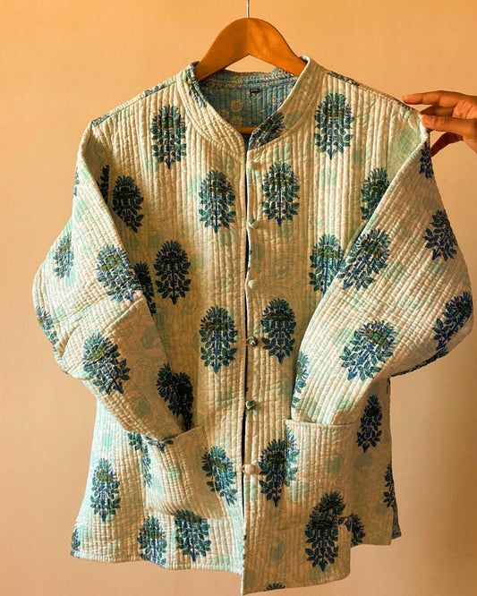 Blue Floral Motif Block Print Quilted Jacket