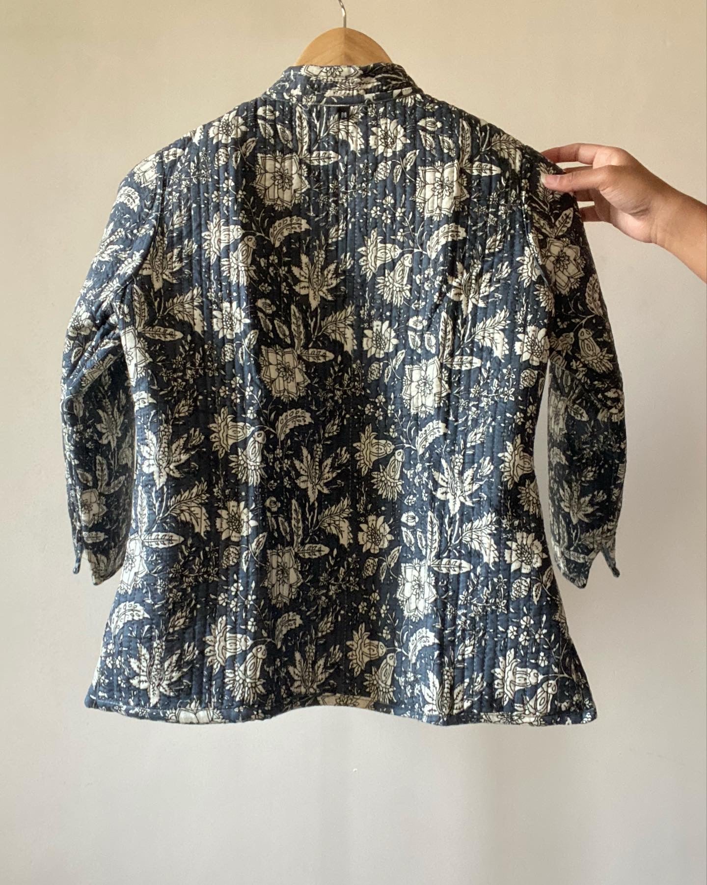 Blue Multi Leaf Motif Block Print Reversible Cotton Quilted Jacket