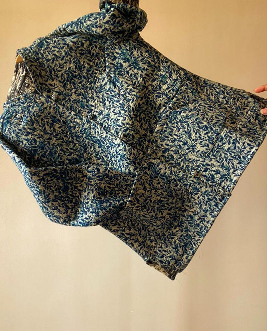 Blue Multi Leaf Motif Block Print Reversible Cotton Quilted Jacket